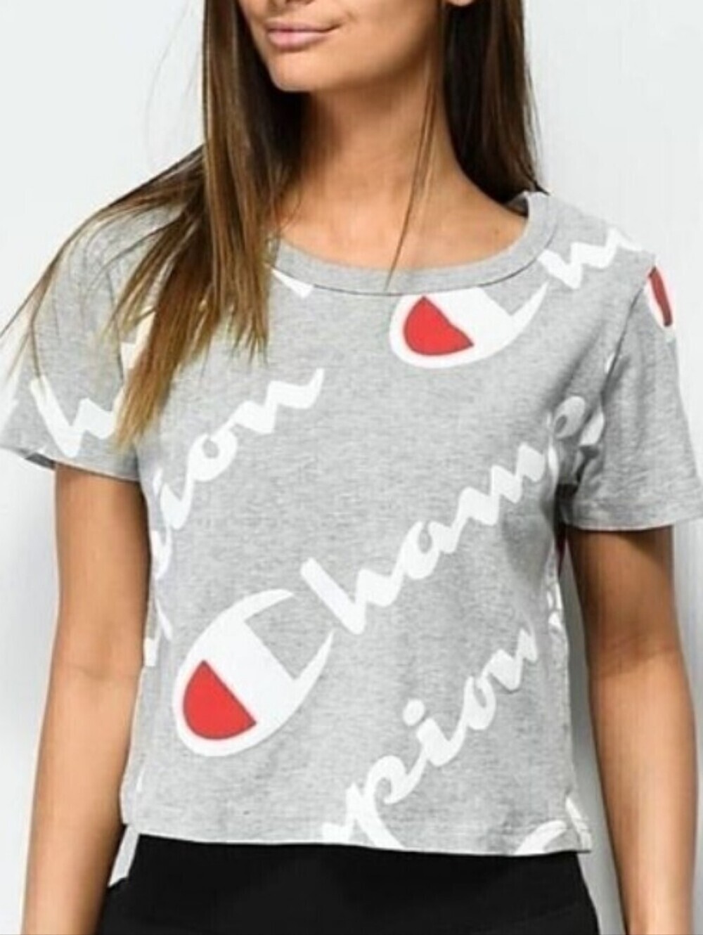 Champion Heritage Athletic Gray All Over Script Logo Crop Top T Shirt Medium